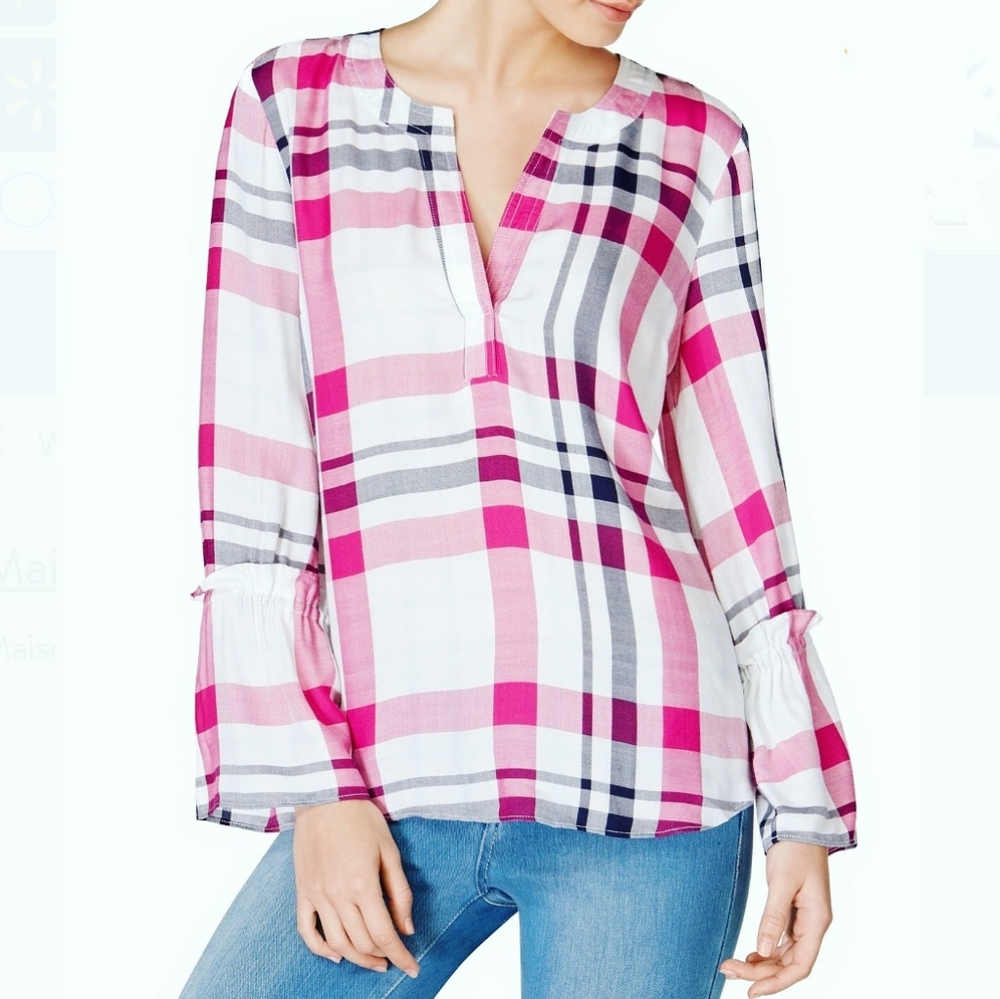 NWT Maison Jules bell sleeve plaid top - Medium